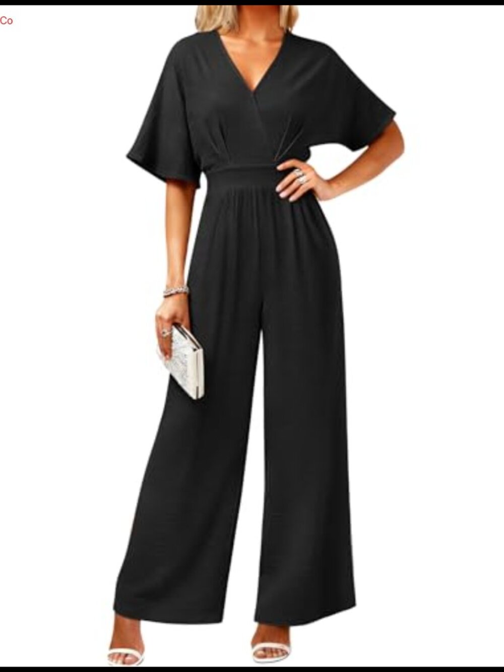 Women's One Piece Jumpsuit V Neck Wide Leg Batwing Sleeve Dressy Casual